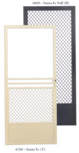 two security doors, one beige with a solid frame and another dark with a mesh design